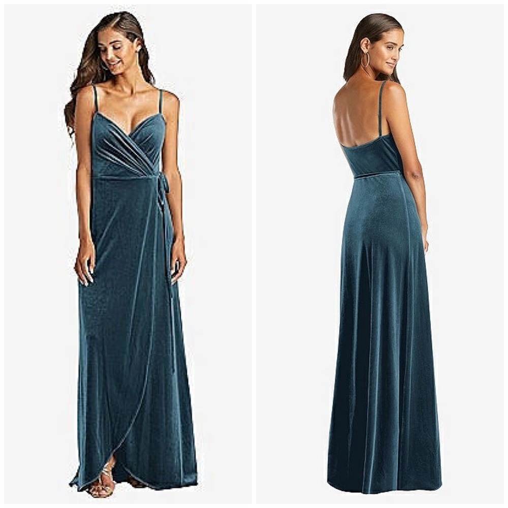 After Six Luxe Velvet Dutch Blue Wrap Maxi Dress, Size XS NWT